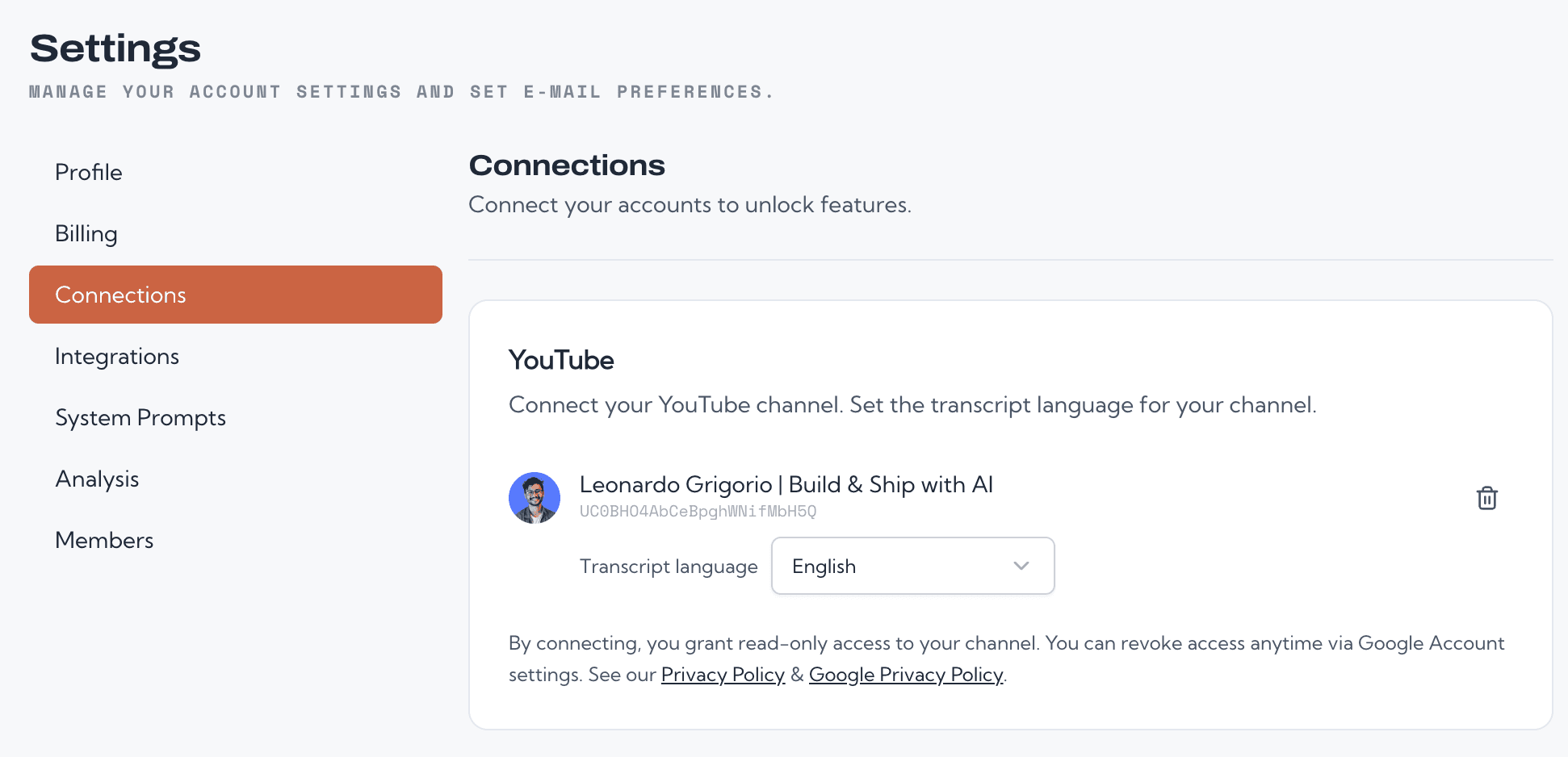 YouTube's permission screen showing Prepostr requests read-only access