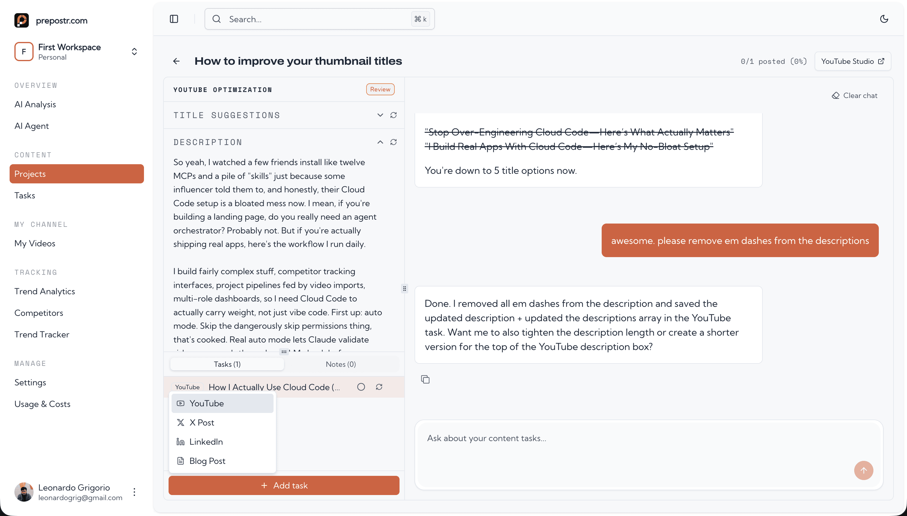 Project studio generating titles, description, and timestamps from a video transcript