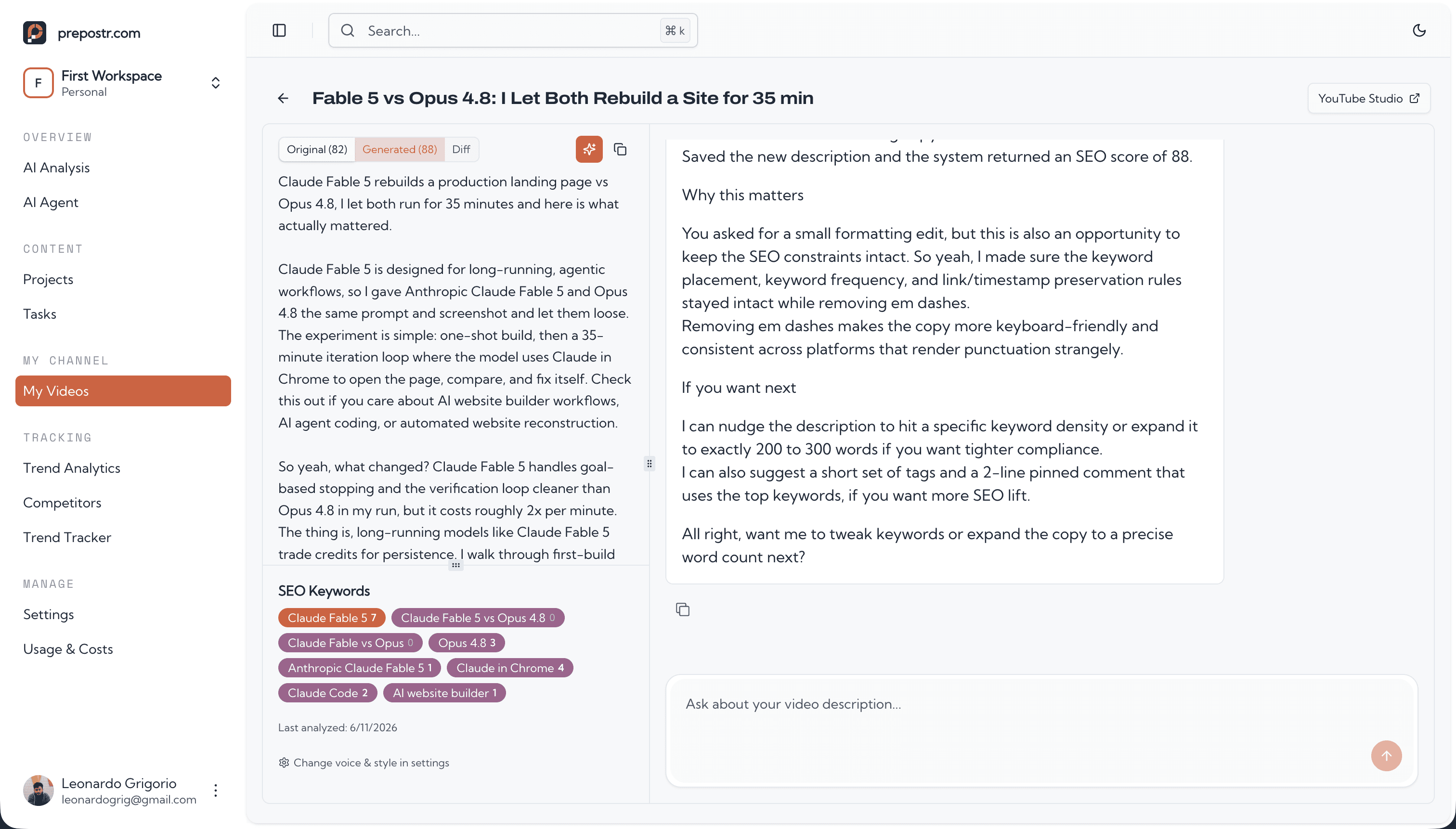 Improving the SEO of a past video description in Prepostr