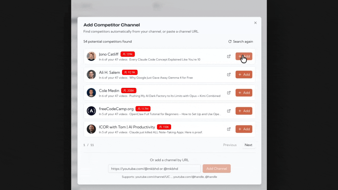 Adding competitor YouTube channels to a Prepostr workspace